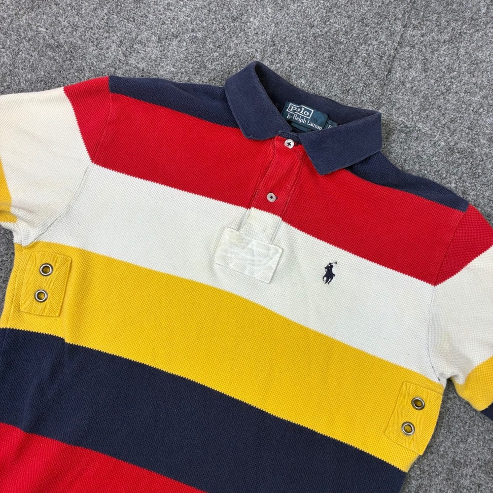 Polo Ralph Lauren Mens Striped Pique Polo Shirt Multi Color Grommet Detail Small
